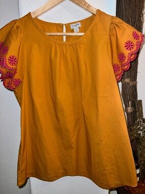 J. Crew Mustard Yellow Short Sleeve Top with Pink Embroidered Sleeves